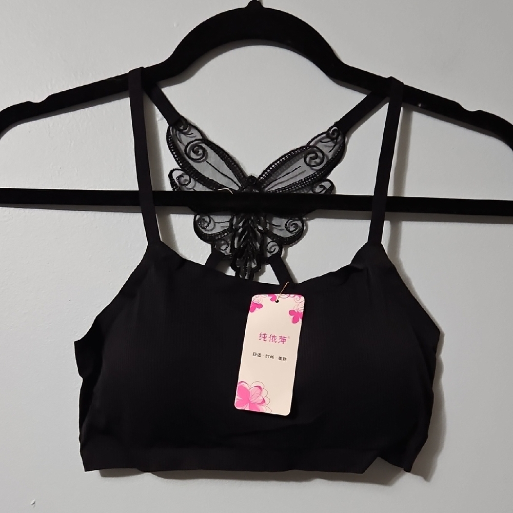 Elegant Black Lace Butterfly Bralette With Removable Pads Size S